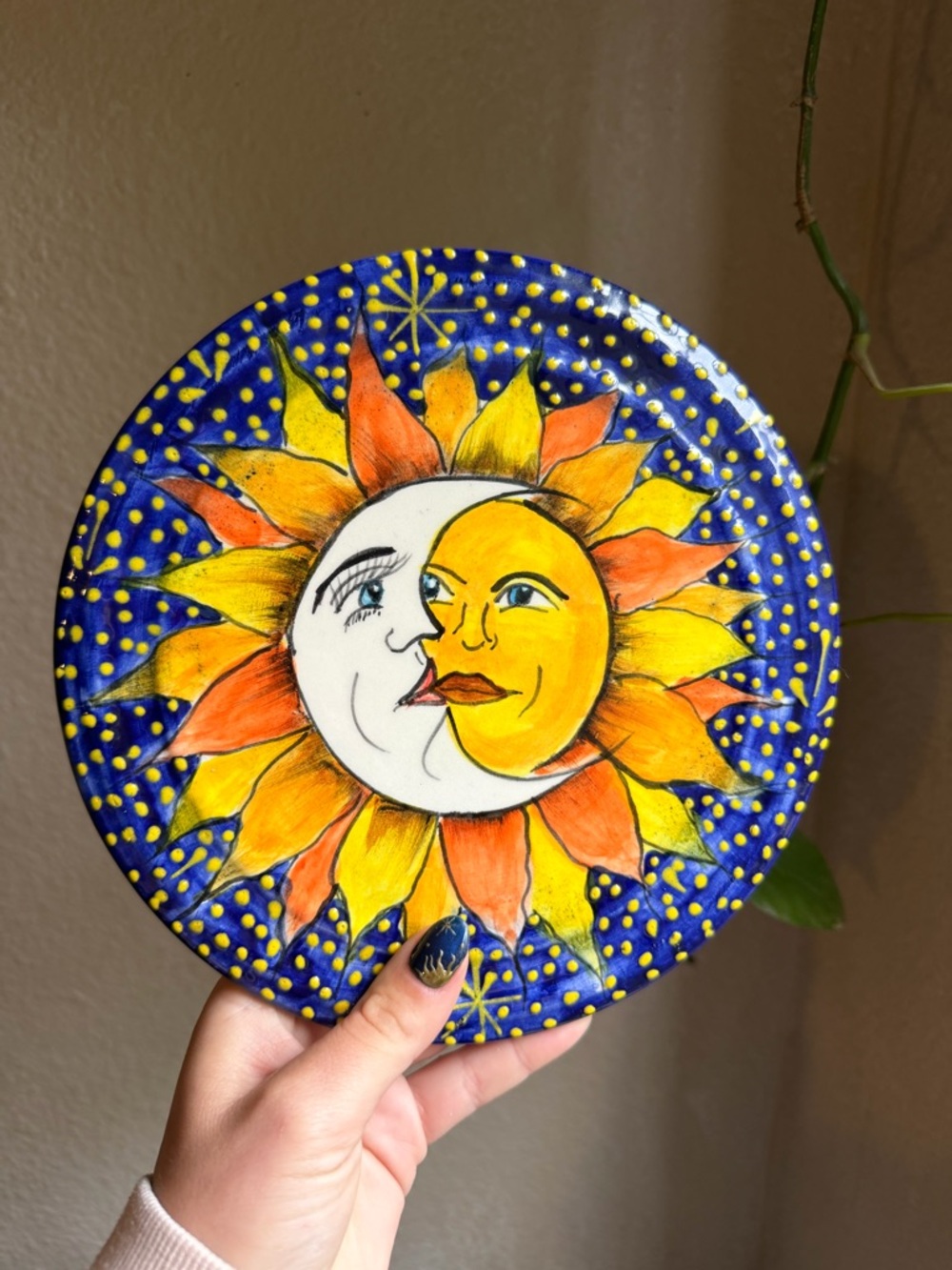 Whimsy Celestial Sun and Moon Ceramic Raised Plate - Blue, Yellow, Orange